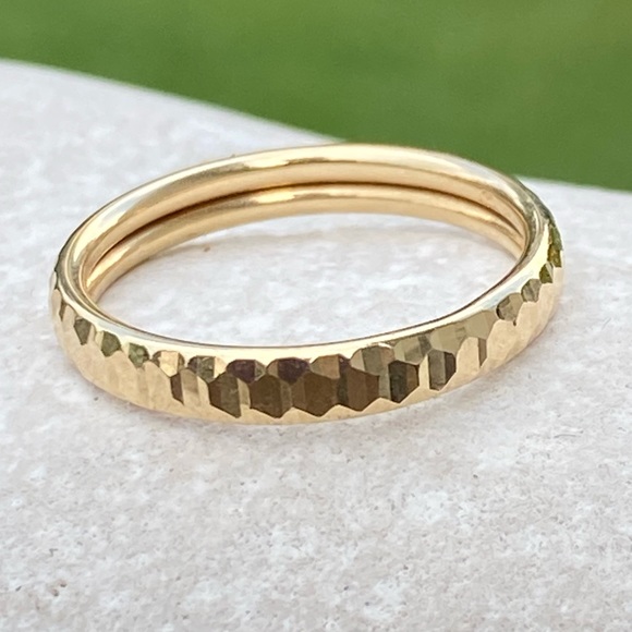 Jewelry - 14k yellow gold ring textured wedding band or stacking ring 3 mm wide Size 7